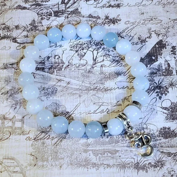 Om Aum Zen Mantra Mindfulness Light Blue Agate Gemstone Stretch Bracelet - Picture 3 of 8